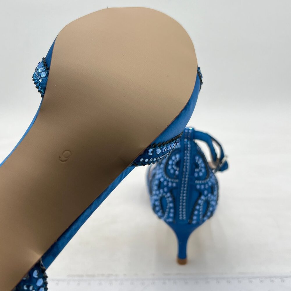 XYD Blue Chic Peep Toe D'Orsay Kitten Heel Rhinestone Studs Ankle Strap Sandals - Picture 6 of 8